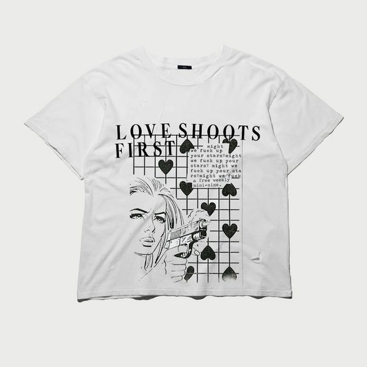 Love Shoots First white t-shirt 014 front view B221 Los Angeles
Love Shoots First t-shirt 014 vintage wash screenprint B221
Love Shoots First graphic t-shirt 014 detail B221
