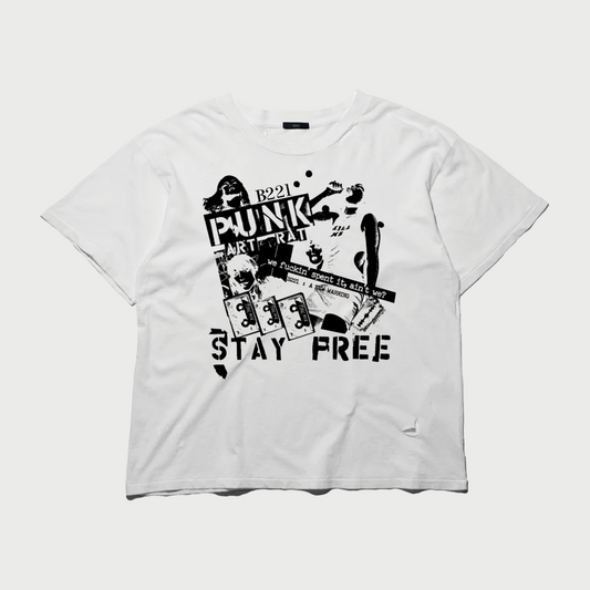 Stay Free white t-shirt 022 front view B221 Los Angeles

Stay Free t-shirt 022 detail screenprint graphic B221
