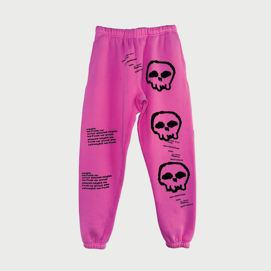 Pink skull sweatpants 030 heavyweight cotton B221 Los Angeles
Pink skull sweatpants 030 black screenprint detail B221
Pink sweatpants 030 zipper pocket B221 Los Angeles
